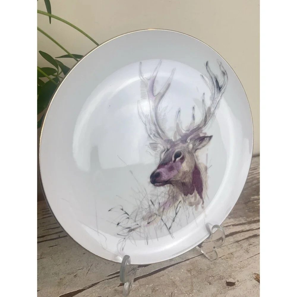 Vintage 1976 Woodland Haven ENESCO Buck Deer Gold Rimmed Dessert Plate 8” Retro